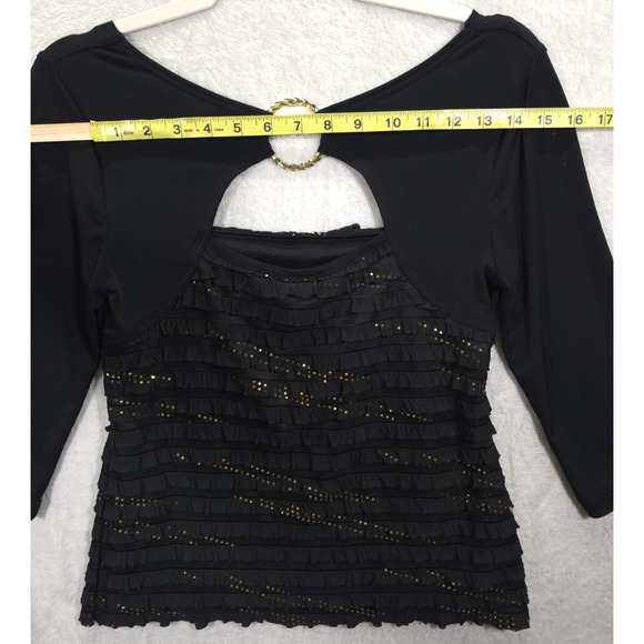I.N. Studio Gold Embellished Top Ruffled Square Neck Woman SP Black Festive Glam - Picture 8 of 13